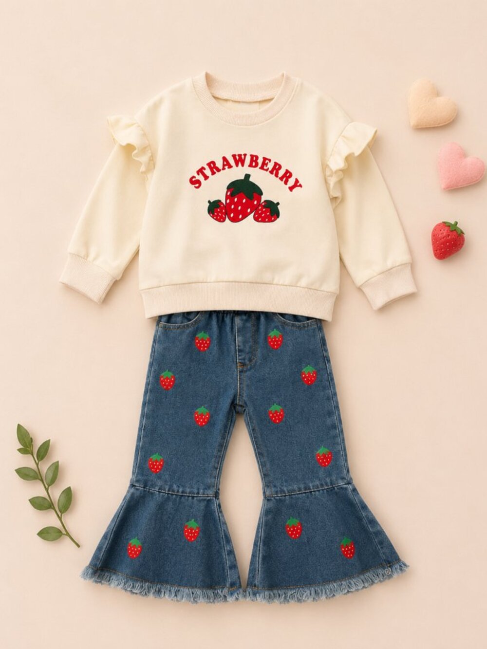 Toddler Girls Strawberry Graphic Cream Sweatshirt Top & Jeans Set - NWOT 18-24M